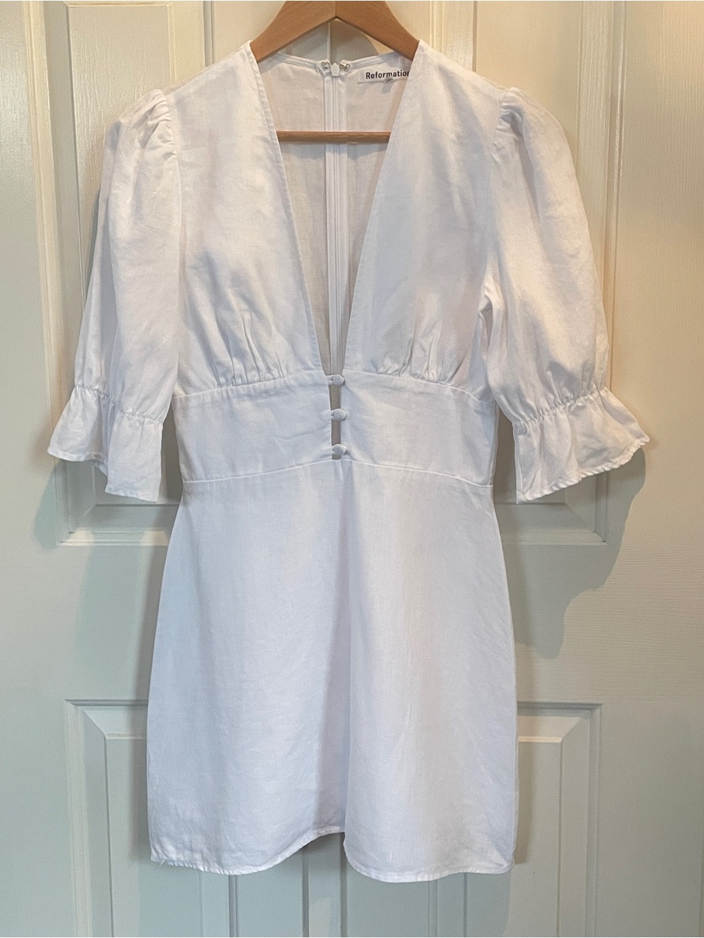 Reformation Simi White Linen Puff Sleeve Plunging V-Neck Mini Dress Size 4